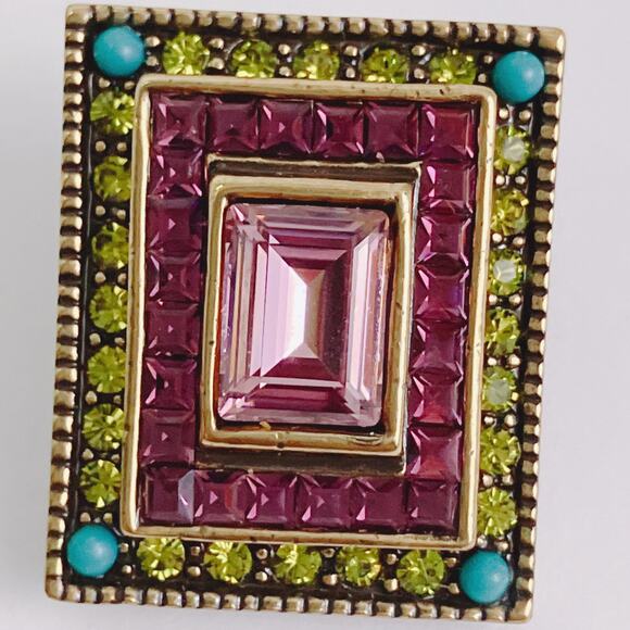 VTG Signed Heidi Daus Pink Crystal Art Deco Revival Clip On Earrings Rectangle - Picture 3 of 10